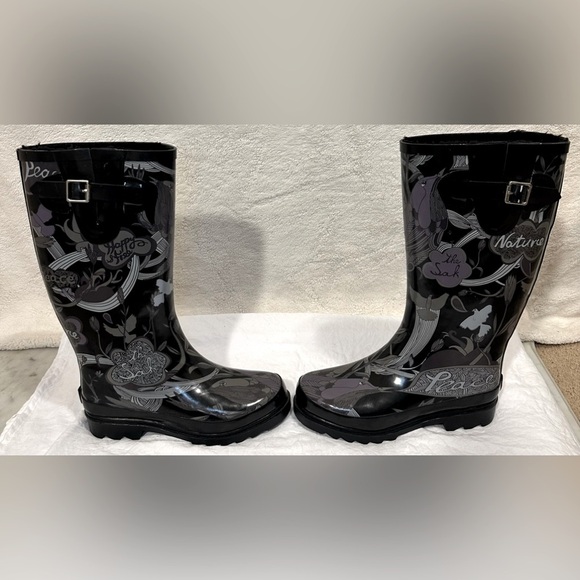 THE SAK “peace nature happy free” rain boots mud Wellies purple black design - Picture 7 of 10
